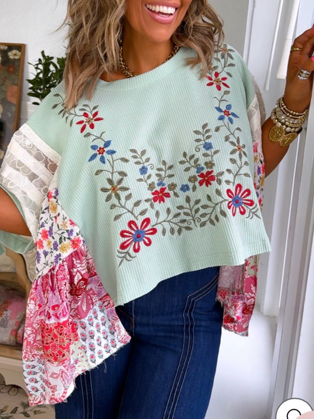 POL Mint Green Floral Patchwork Top